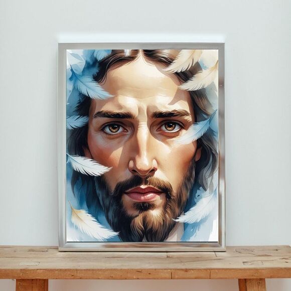 Jesus Christ Portrait Art with Feathers - Religious Digital Painting - Picture 1 of 1